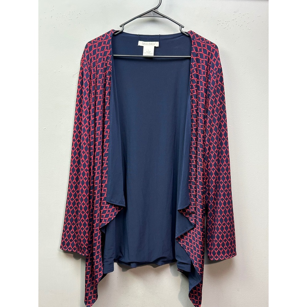 TravelSmith Women's Large Reversible‎ Red Geometric Print Open Front Cardigan